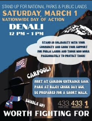 Color poster announcing Denali Park rally on March 1